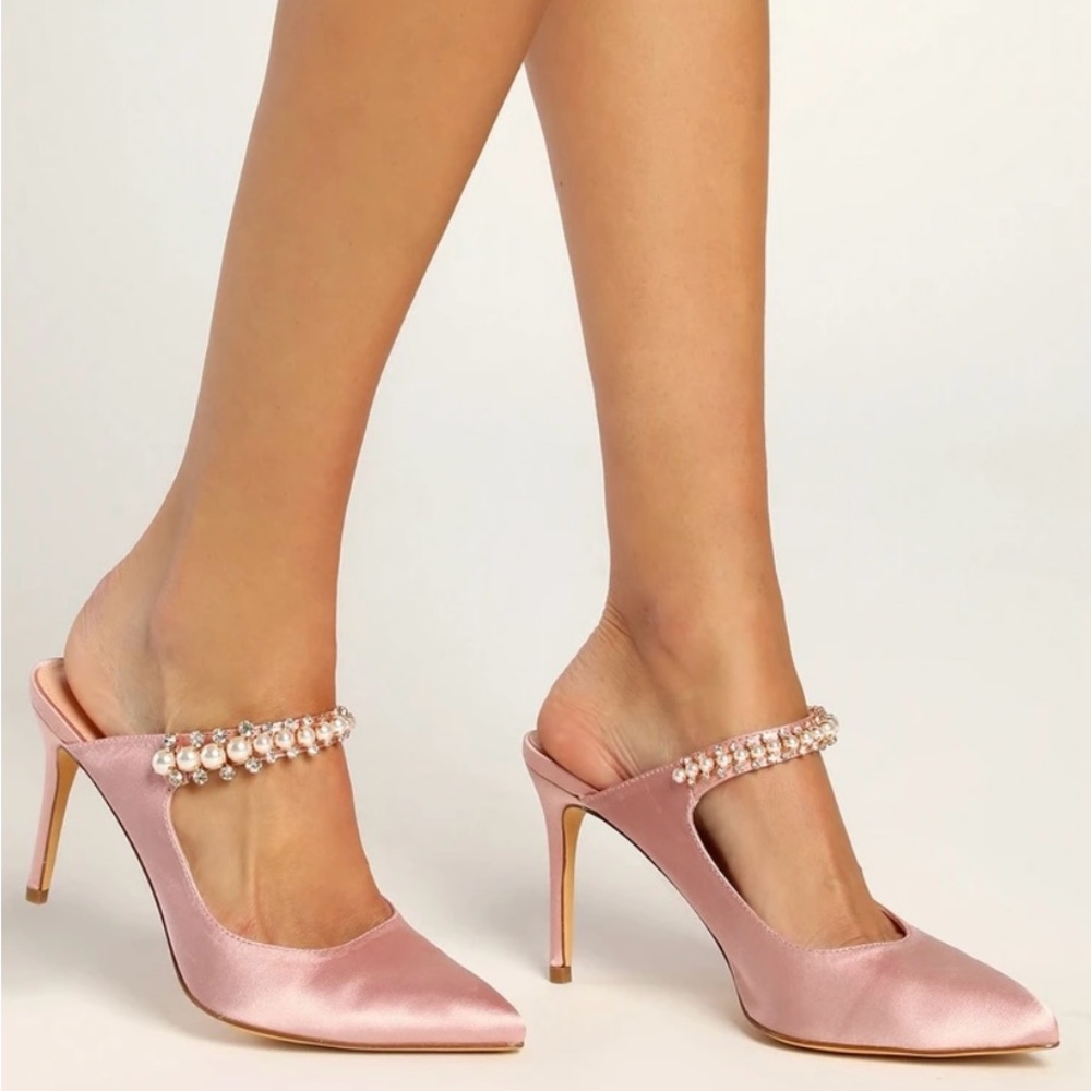 Lulus Pink Satin Pearl Mule Heels Size 8.5